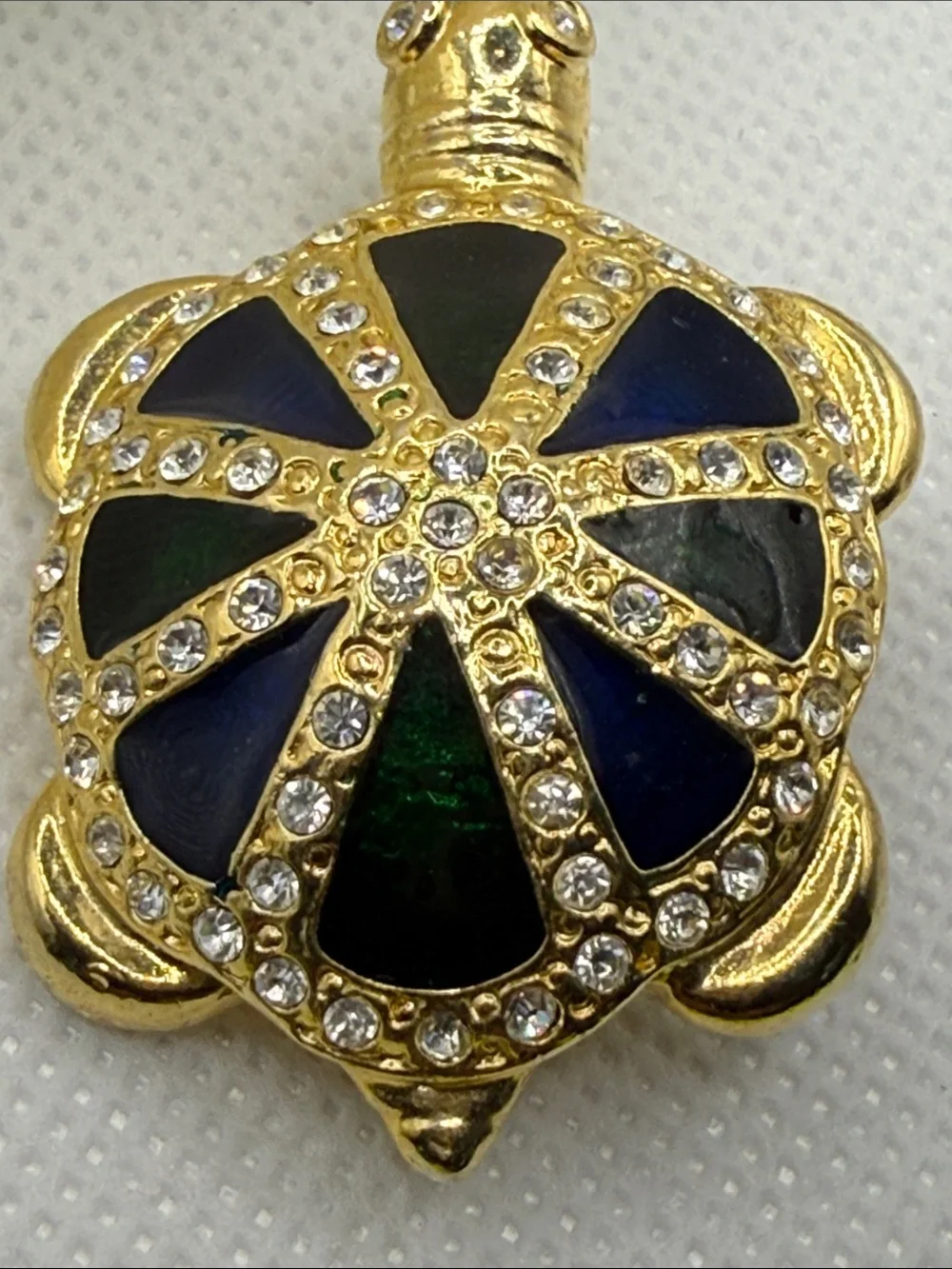 Vintage Gold-Tone Turtle Brooch Blue Green Enamel Clear Crystals high end look